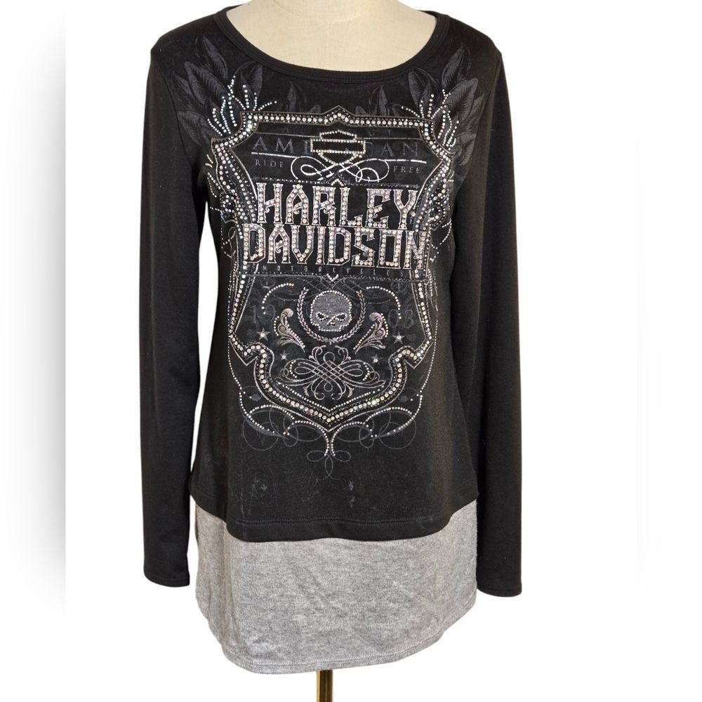 Harley Davidson Black Rhinestone Studded Layered Long Sleeve Tee Shirt